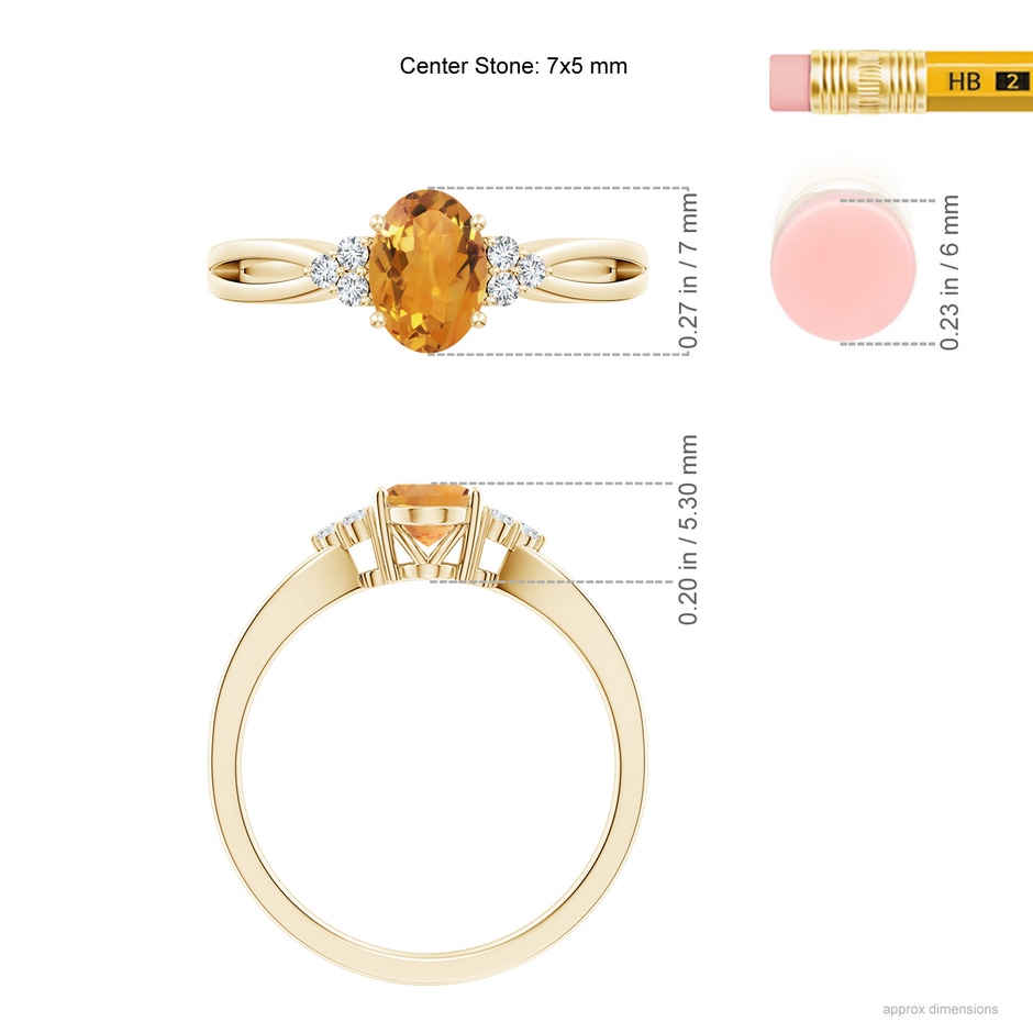 7x5mm AA Solitaire Oval Citrine Split Shank Ring with Trio Diamonds in Yellow Gold ruler