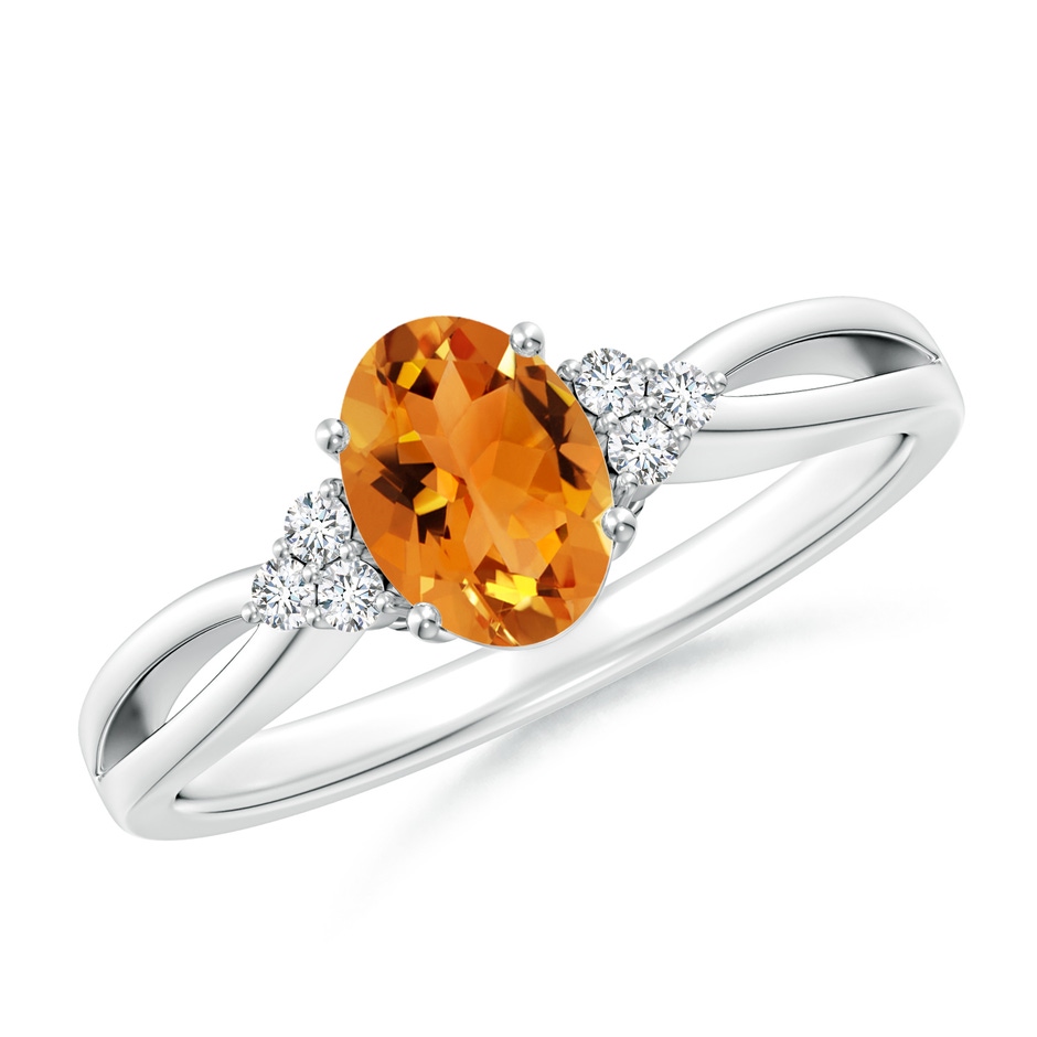 7x5mm AAA Solitaire Oval Citrine Split Shank Ring with Trio Diamonds in 9K White Gold 