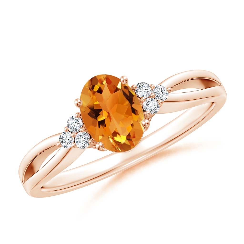7x5mm AAA Solitaire Oval Citrine Split Shank Ring with Trio Diamonds in Rose Gold