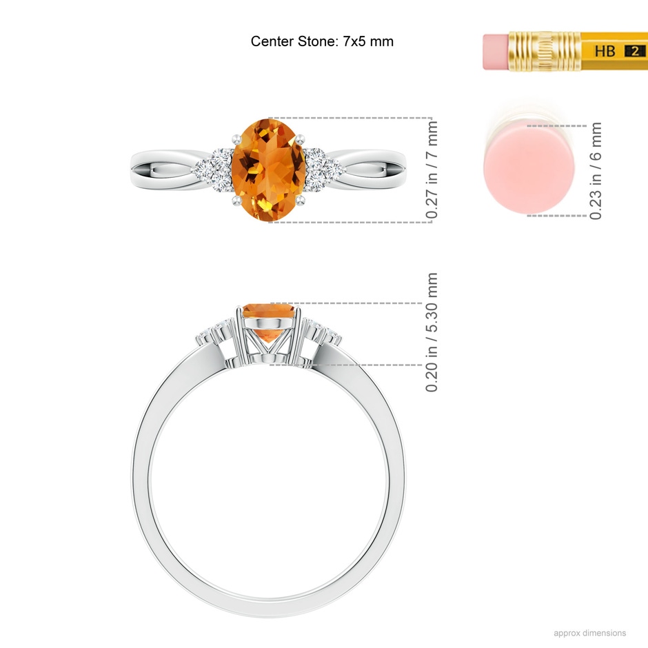 7x5mm AAA Solitaire Oval Citrine Split Shank Ring with Trio Diamonds in White Gold ruler