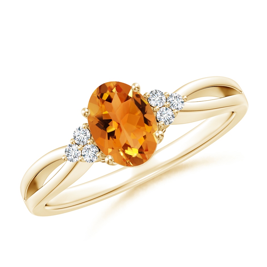 7x5mm AAA Solitaire Oval Citrine Split Shank Ring with Trio Diamonds in Yellow Gold 