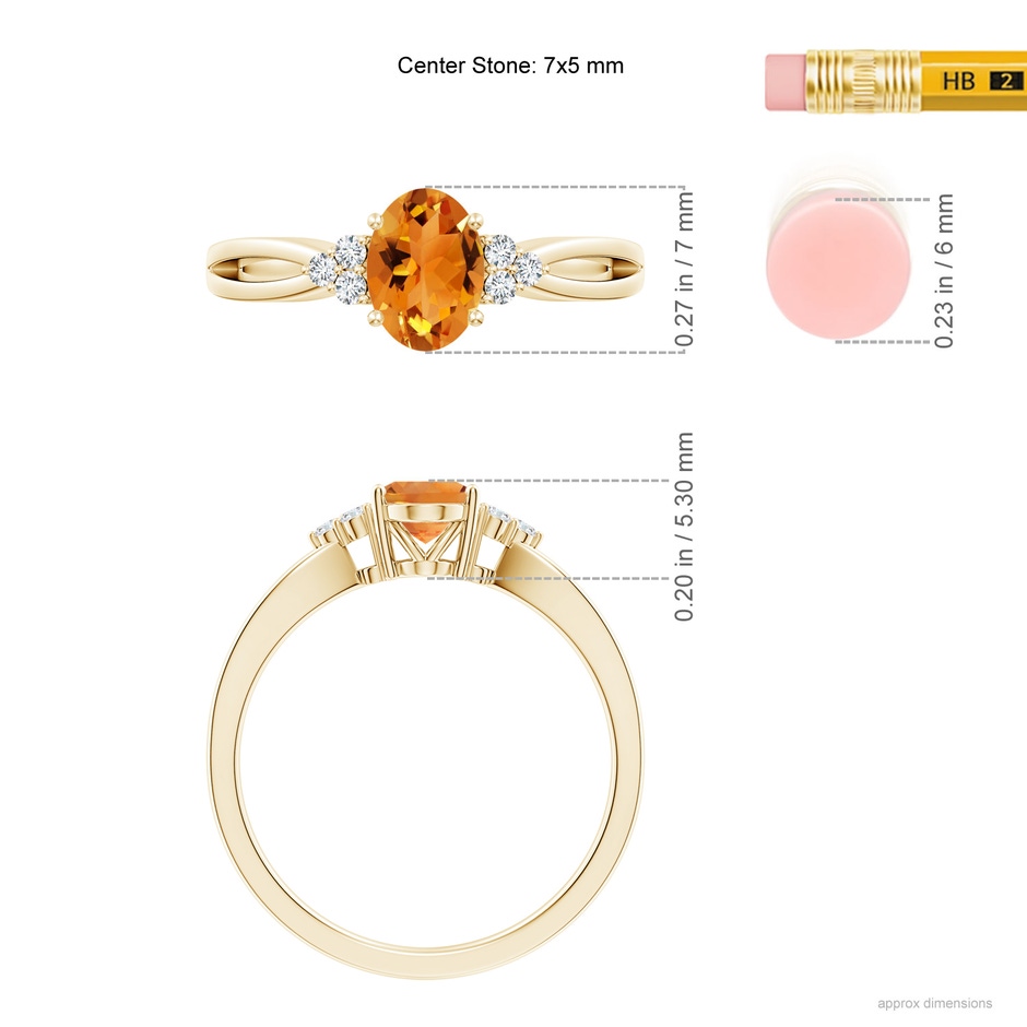 7x5mm AAA Solitaire Oval Citrine Split Shank Ring with Trio Diamonds in Yellow Gold ruler