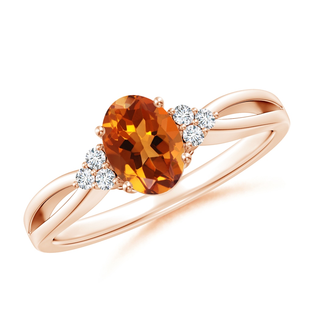 7x5mm AAAA Solitaire Oval Citrine Split Shank Ring with Trio Diamonds in 9K Rose Gold