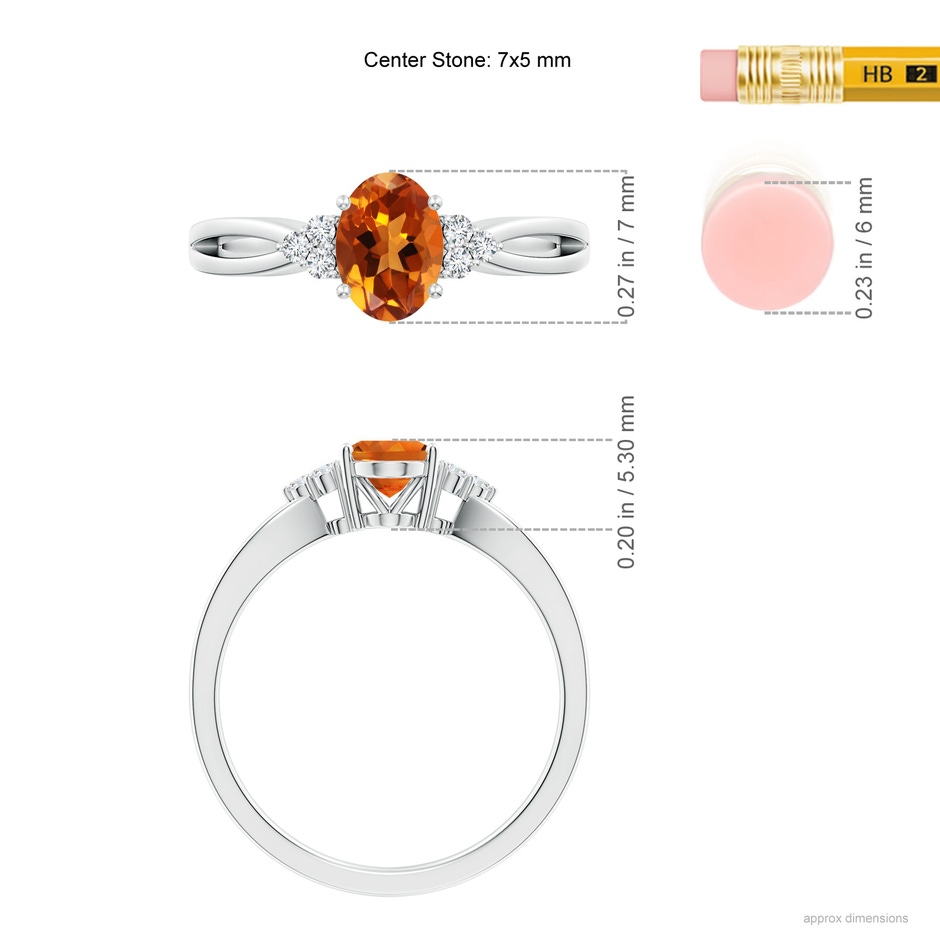 7x5mm AAAA Solitaire Oval Citrine Split Shank Ring with Trio Diamonds in P950 Platinum ruler