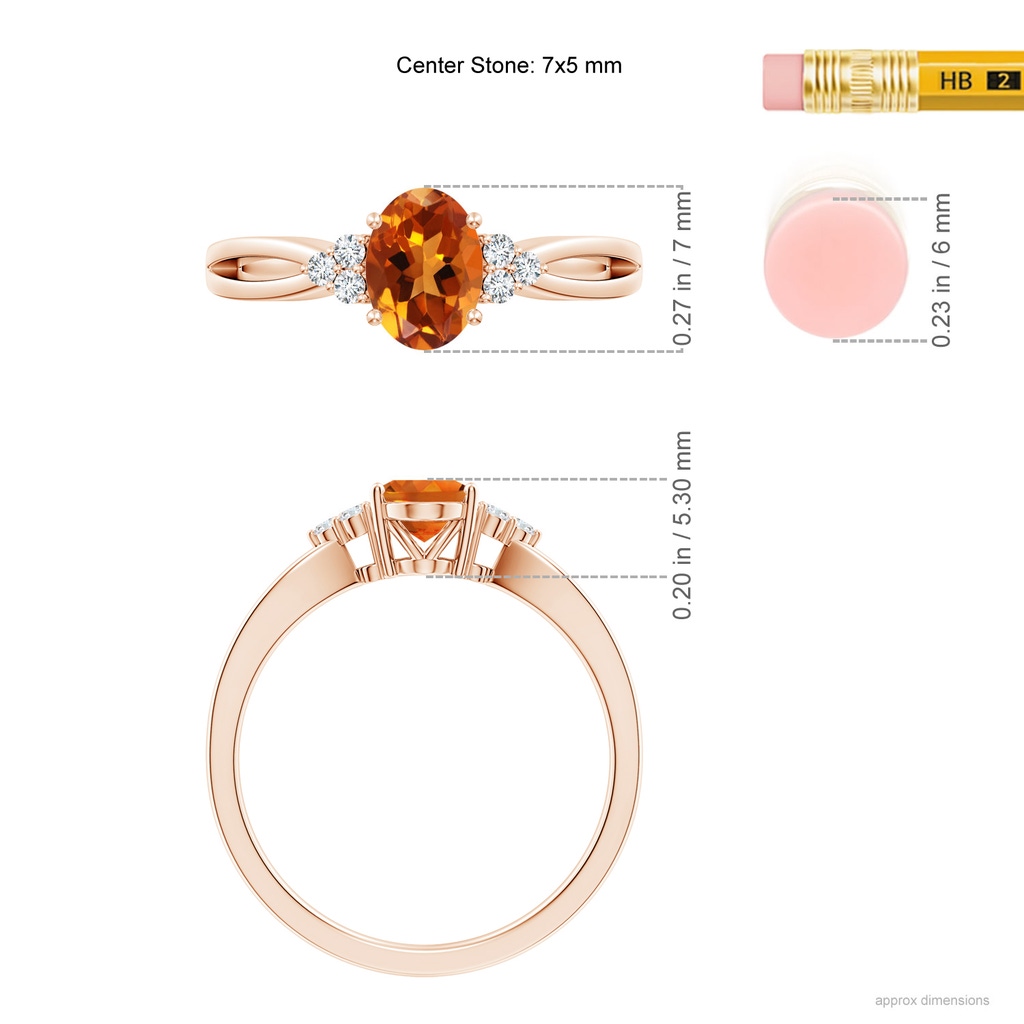 7x5mm AAAA Solitaire Oval Citrine Split Shank Ring with Trio Diamonds in Rose Gold Ruler