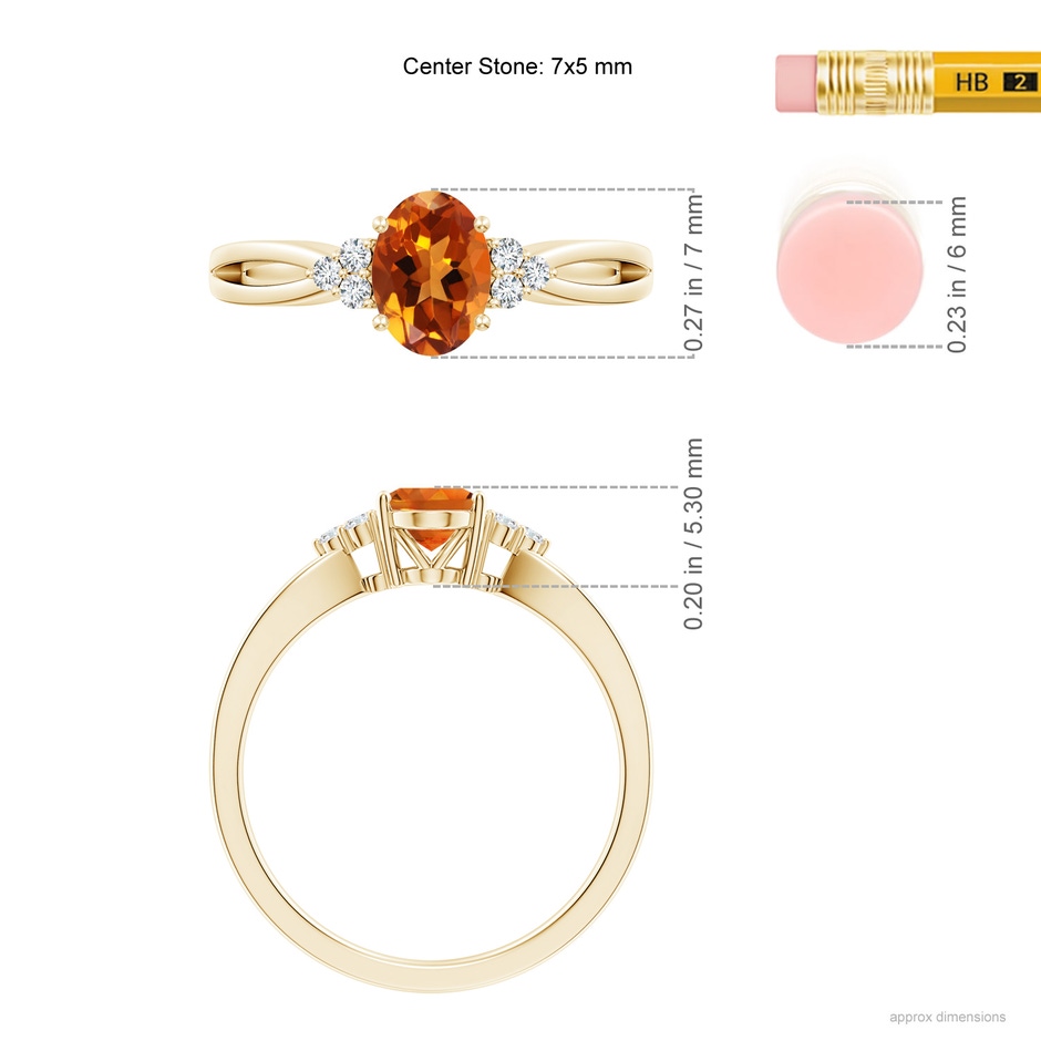 7x5mm AAAA Solitaire Oval Citrine Split Shank Ring with Trio Diamonds in Yellow Gold ruler