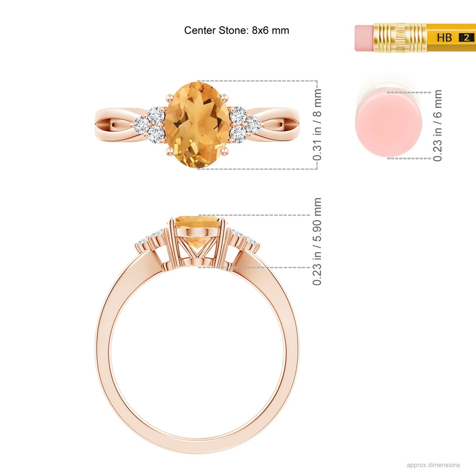 8x6mm A Solitaire Oval Citrine Split Shank Ring with Trio Diamonds in Rose Gold ruler