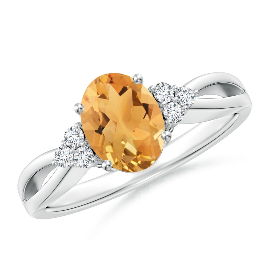 8x6mm A Solitaire Oval Citrine Split Shank Ring with Trio Diamonds in White Gold 