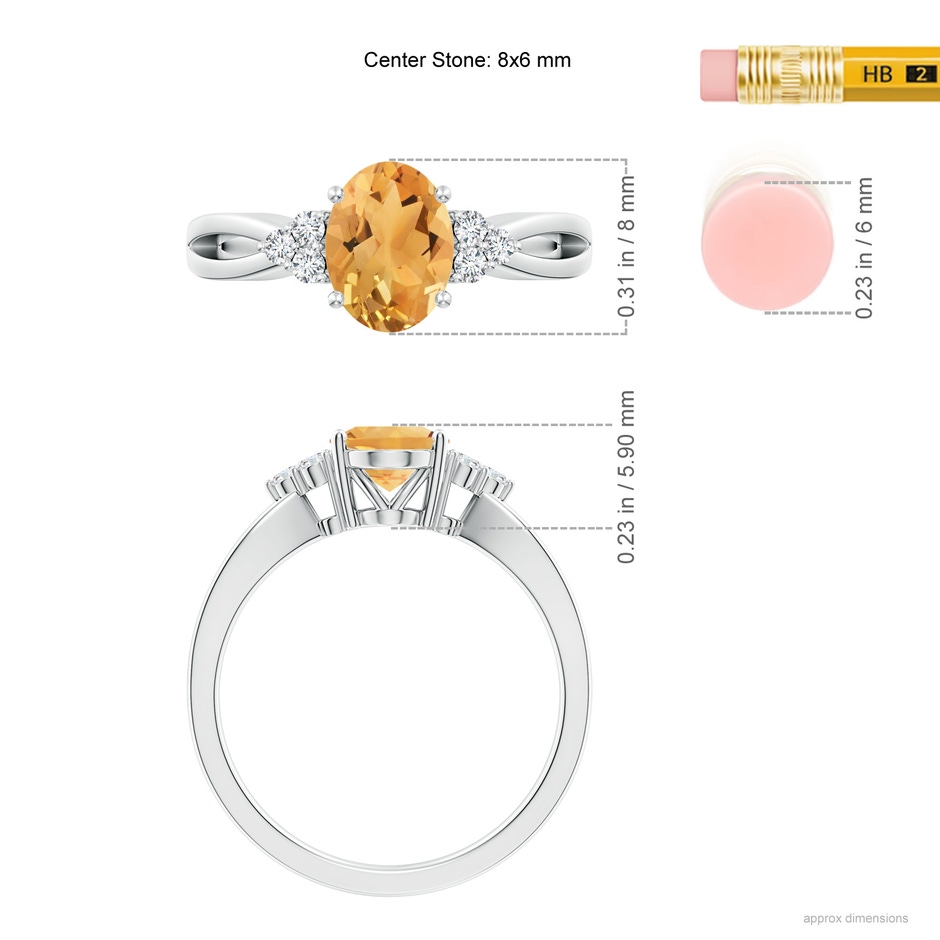 8x6mm A Solitaire Oval Citrine Split Shank Ring with Trio Diamonds in White Gold ruler