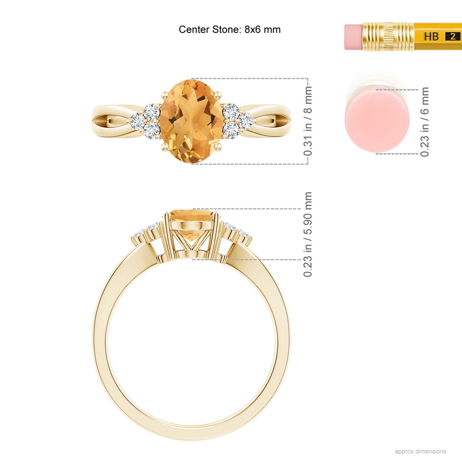 8x6mm A Solitaire Oval Citrine Split Shank Ring with Trio Diamonds in Yellow Gold ruler