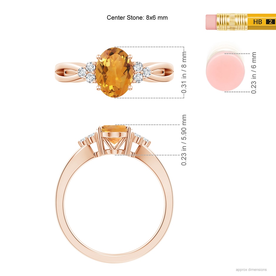 8x6mm AA Solitaire Oval Citrine Split Shank Ring with Trio Diamonds in Rose Gold ruler