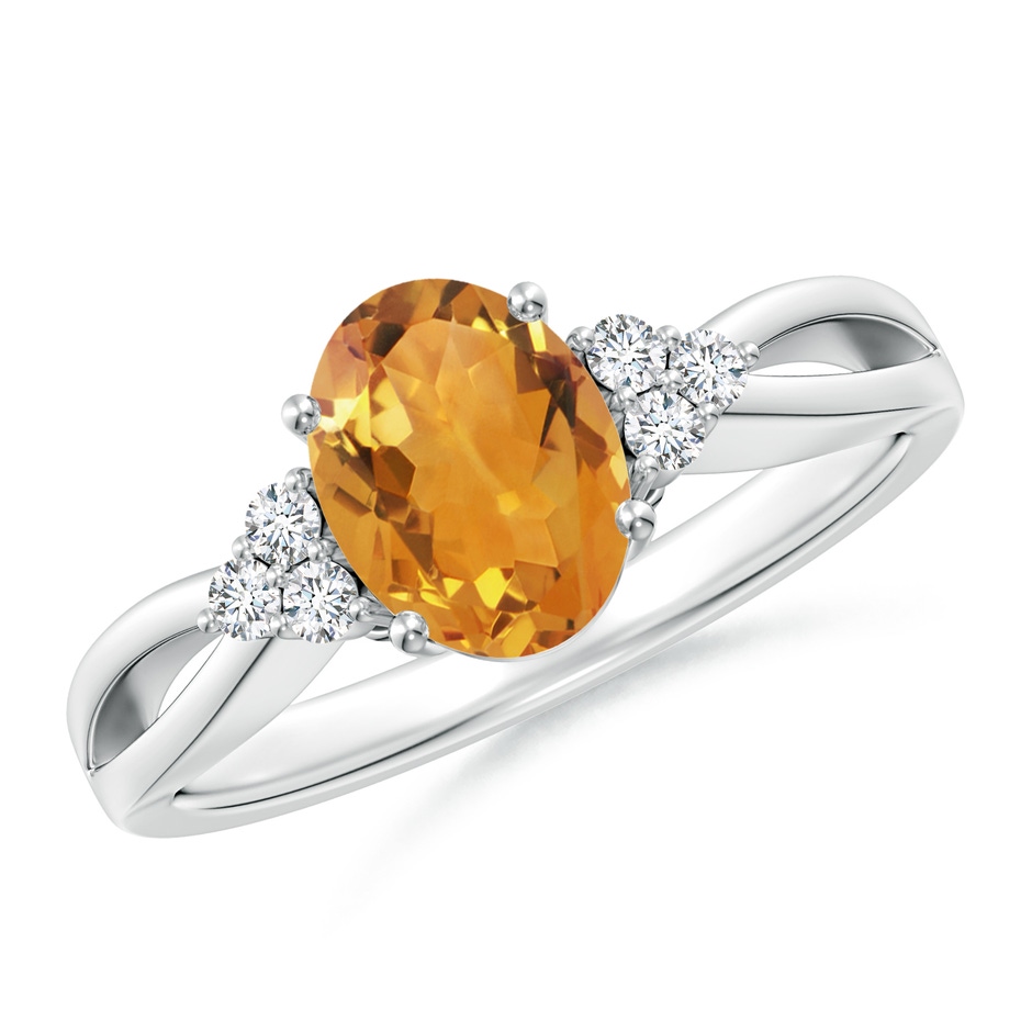 8x6mm AA Solitaire Oval Citrine Split Shank Ring with Trio Diamonds in White Gold 