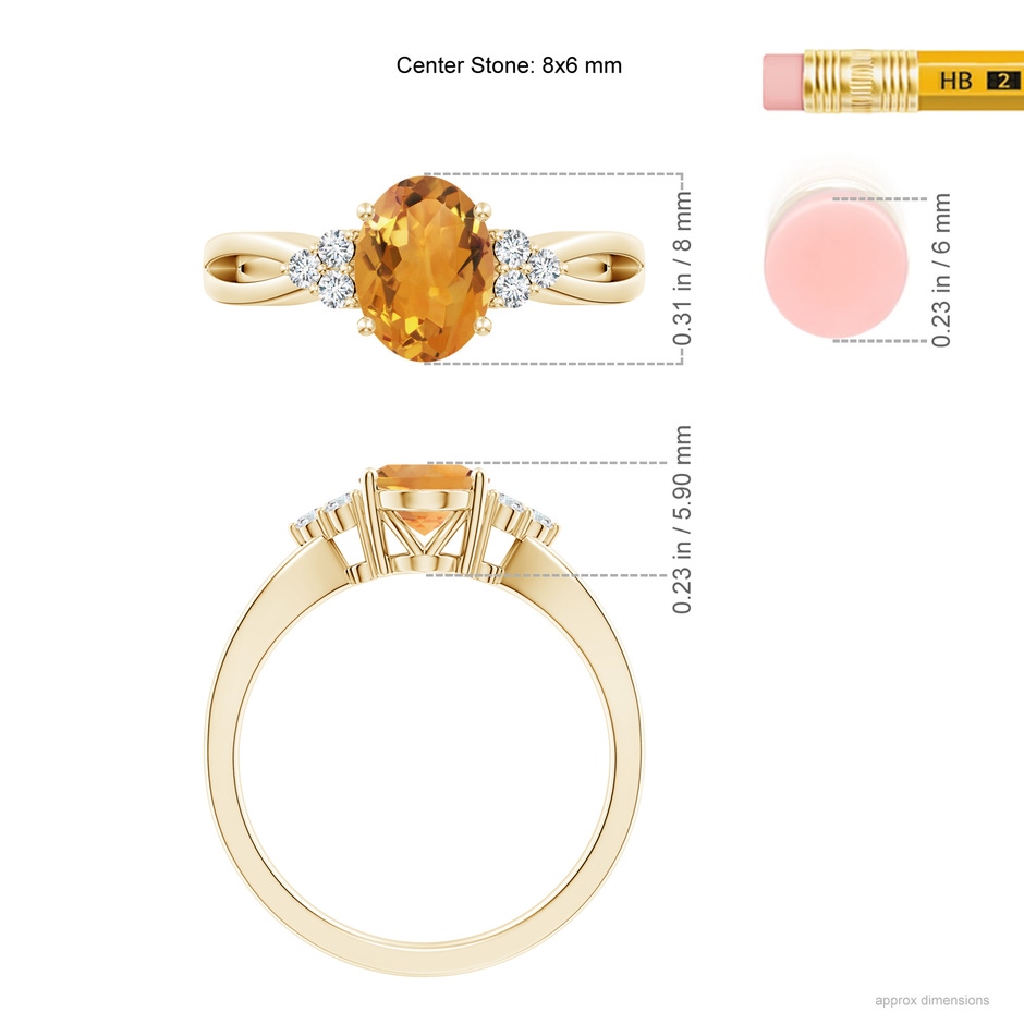 8x6mm AA Solitaire Oval Citrine Split Shank Ring with Trio Diamonds in Yellow Gold ruler