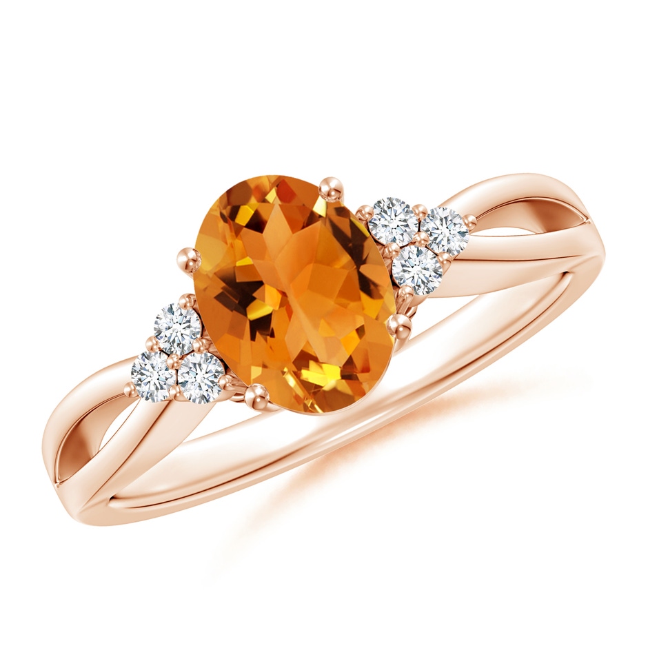 8x6mm AAA Solitaire Oval Citrine Split Shank Ring with Trio Diamonds in Rose Gold 