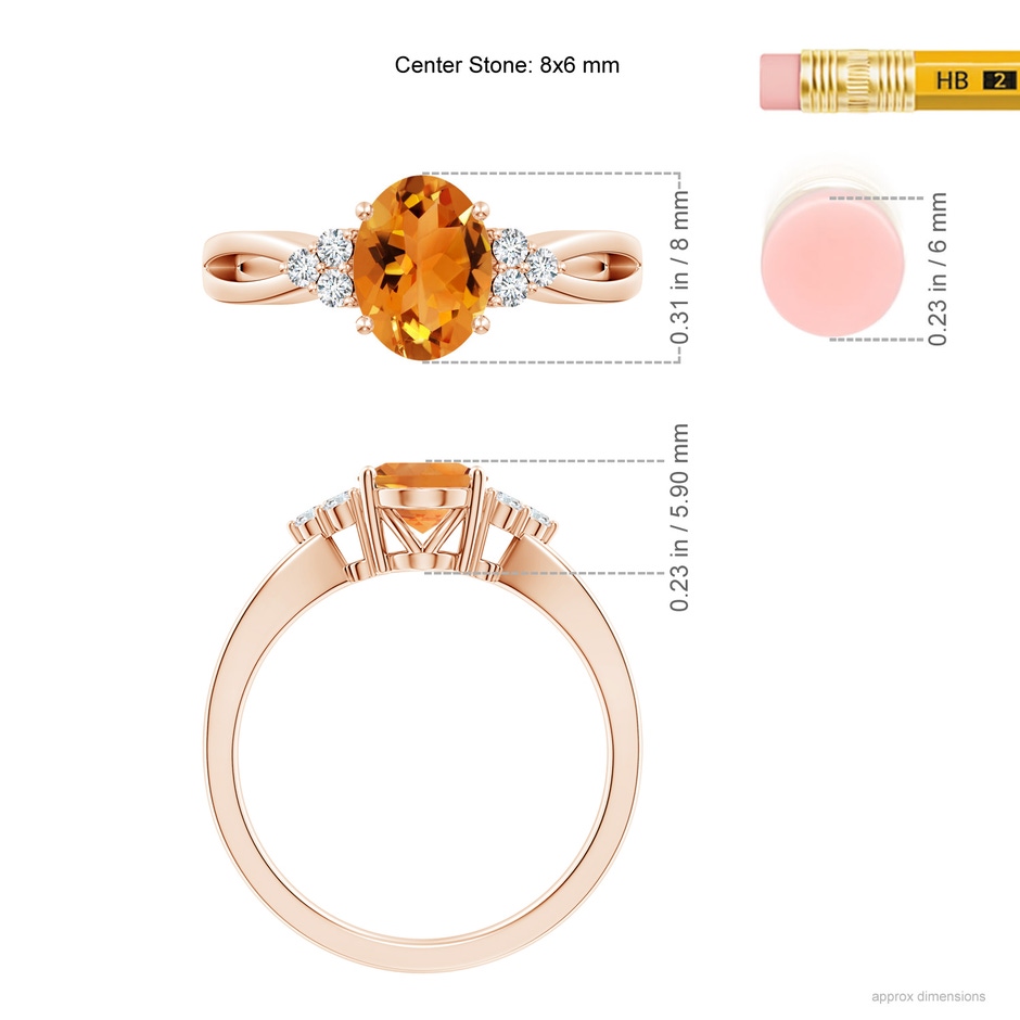 8x6mm AAA Solitaire Oval Citrine Split Shank Ring with Trio Diamonds in Rose Gold ruler