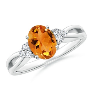 8x6mm AAA Solitaire Oval Citrine Split Shank Ring with Trio Diamonds in White Gold