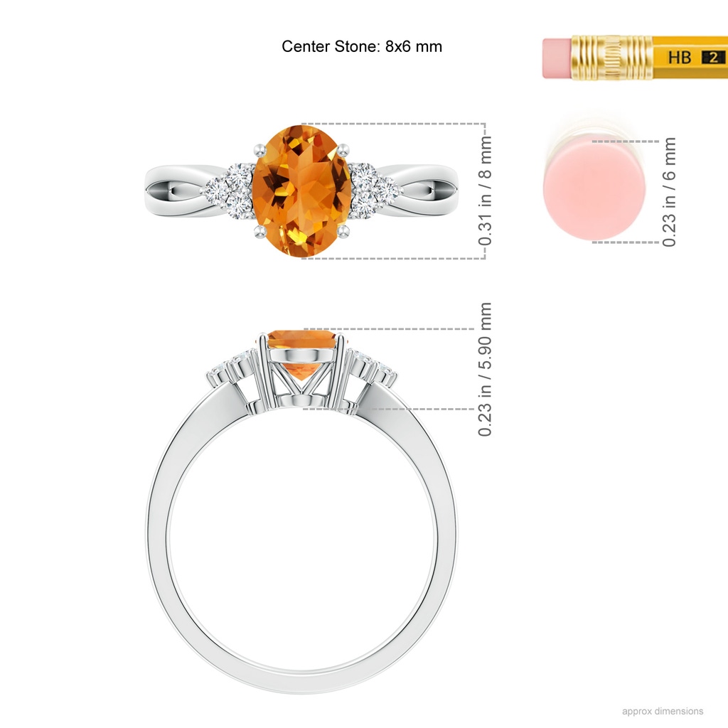 8x6mm AAA Solitaire Oval Citrine Split Shank Ring with Trio Diamonds in White Gold Ruler
