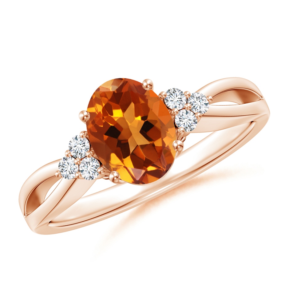 8x6mm AAAA Solitaire Oval Citrine Split Shank Ring with Trio Diamonds in Rose Gold 