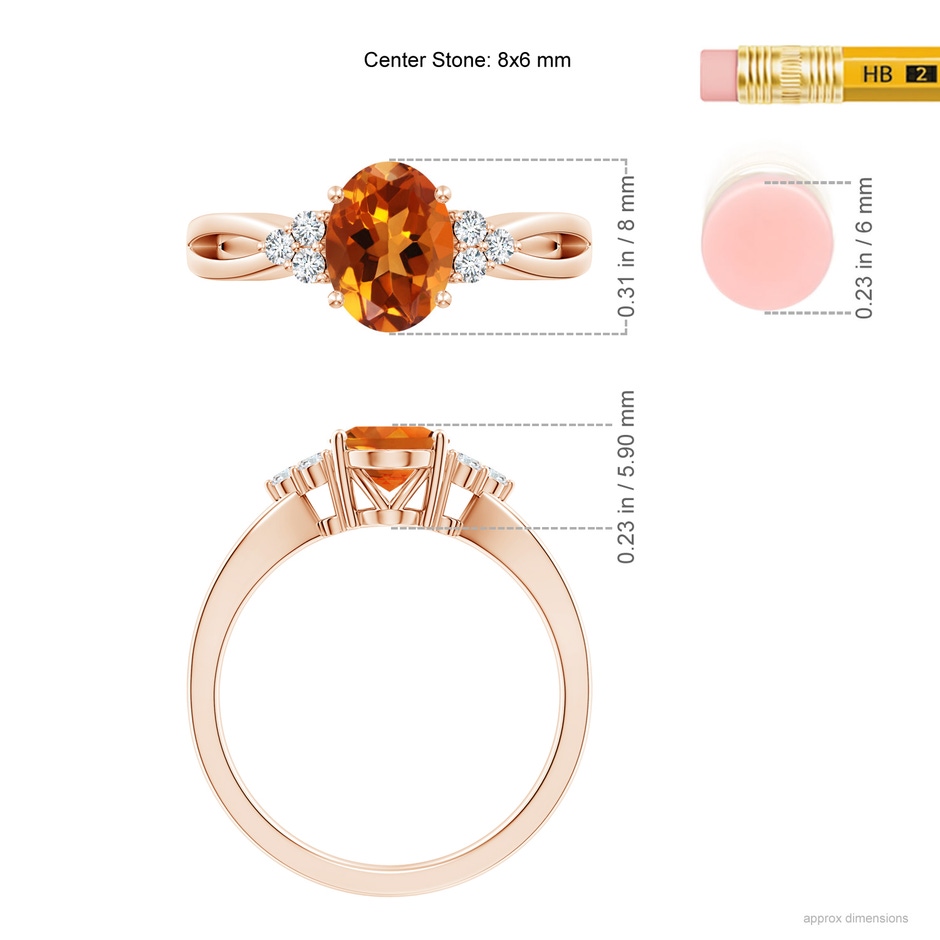 8x6mm AAAA Solitaire Oval Citrine Split Shank Ring with Trio Diamonds in Rose Gold ruler