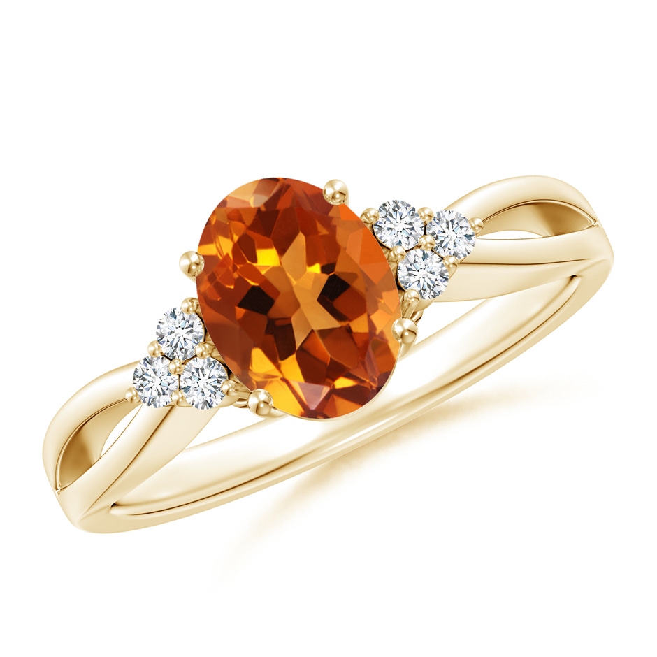 8x6mm AAAA Solitaire Oval Citrine Split Shank Ring with Trio Diamonds in Yellow Gold 
