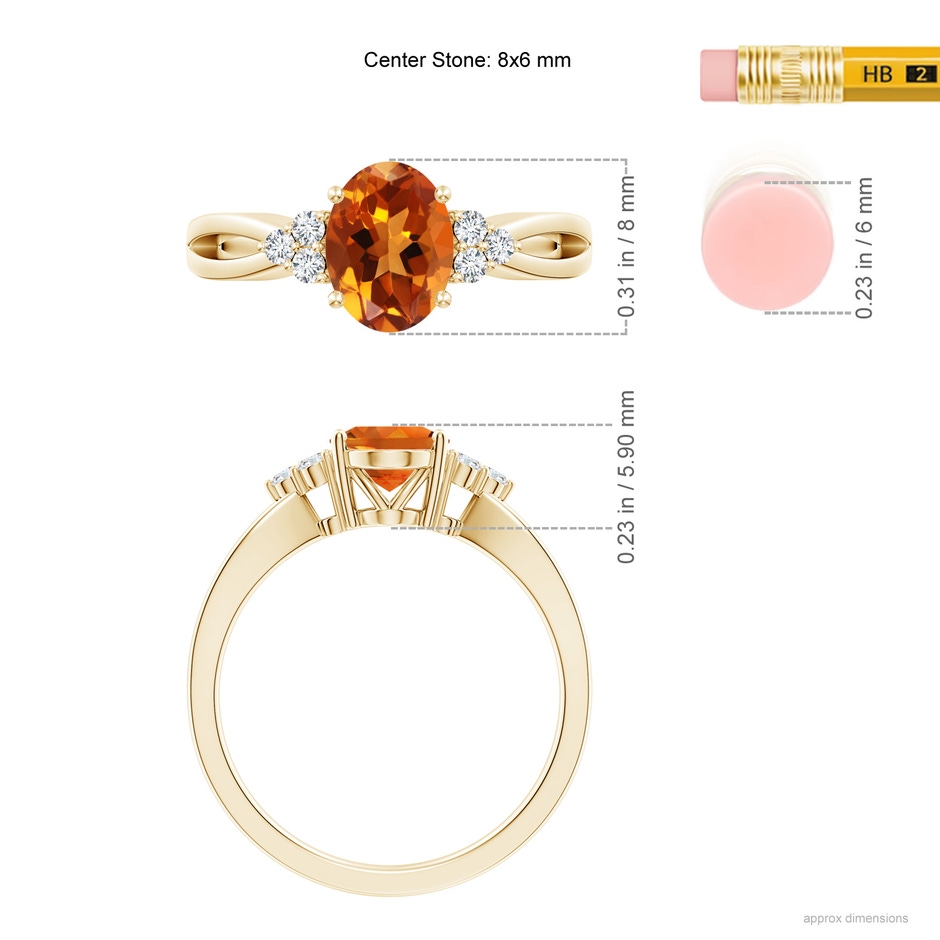 8x6mm AAAA Solitaire Oval Citrine Split Shank Ring with Trio Diamonds in Yellow Gold ruler