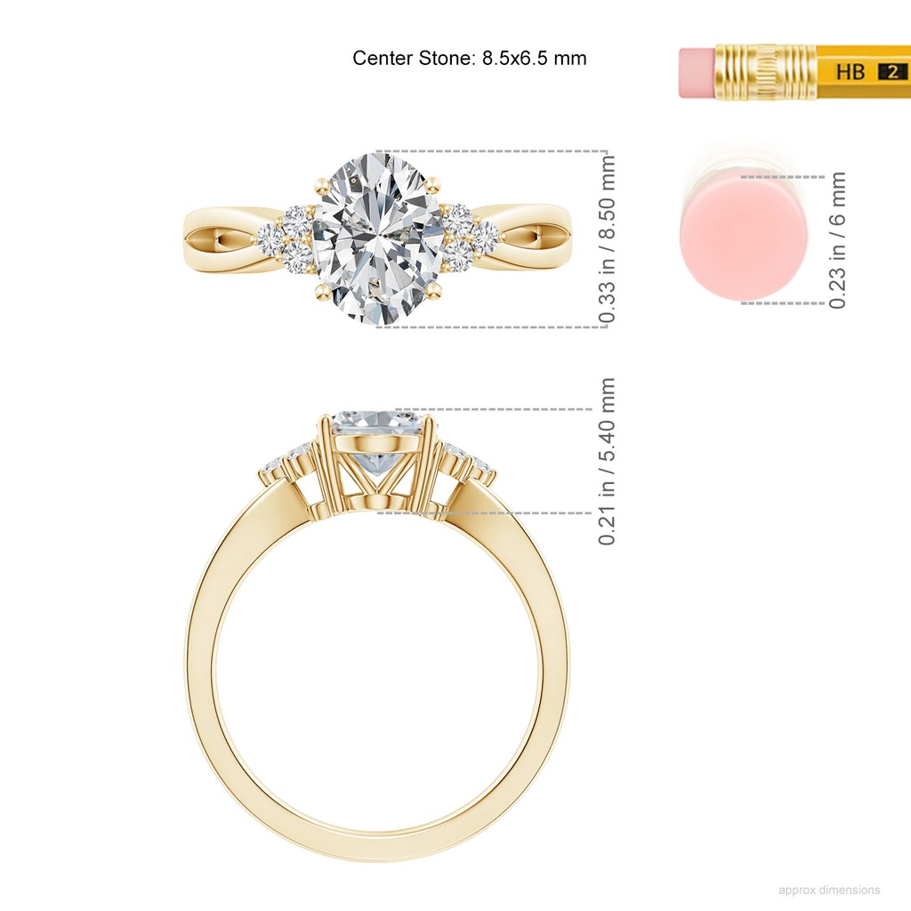8.5x6.5mm HSI2 Solitaire Oval Diamond Split Shank Ring with Accents in Yellow Gold ruler