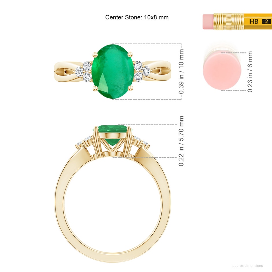 10x8mm A Solitaire Oval Emerald Split Shank Ring with Trio Diamonds in 18K Yellow Gold ruler