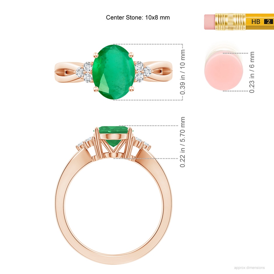10x8mm A Solitaire Oval Emerald Split Shank Ring with Trio Diamonds in Rose Gold ruler