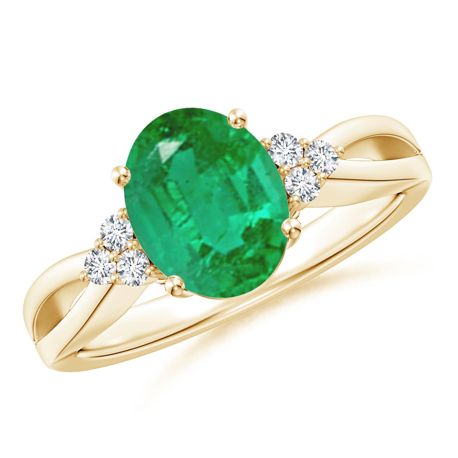 10x8mm AA Solitaire Oval Emerald Split Shank Ring with Trio Diamonds in Yellow Gold
