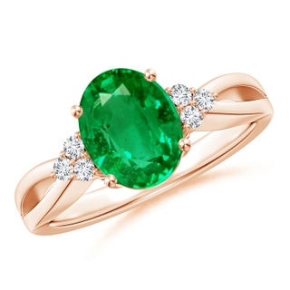 10x8mm AAA Solitaire Oval Emerald Split Shank Ring with Trio Diamonds in 18K Rose Gold