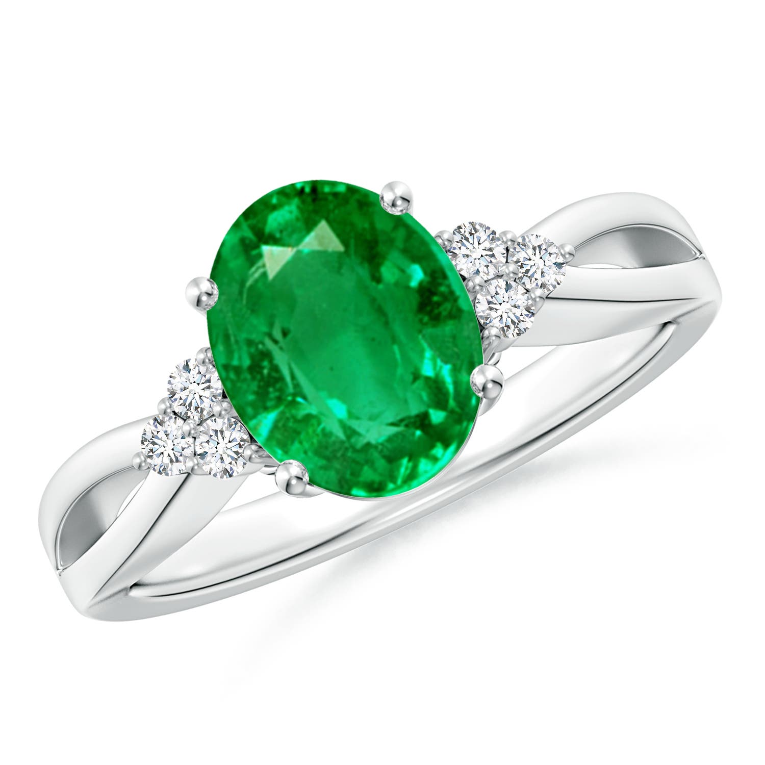 10x8mm AAA Solitaire Oval Emerald Split Shank Ring with Trio Diamonds in White Gold