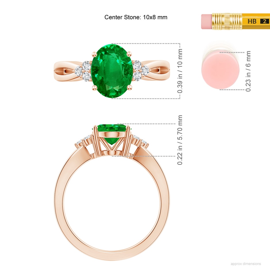 10x8mm AAAA Solitaire Oval Emerald Split Shank Ring with Trio Diamonds in 18K Rose Gold ruler