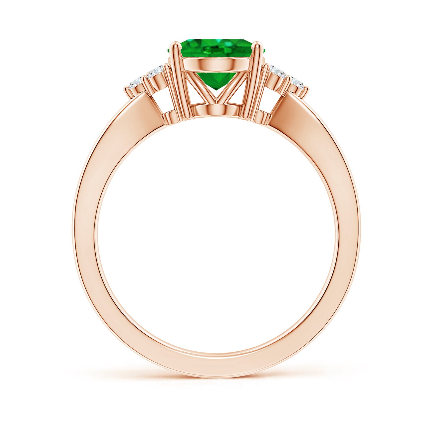 10x8mm AAAA Solitaire Oval Emerald Split Shank Ring with Trio Diamonds in Rose Gold