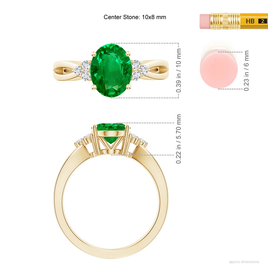 10x8mm AAAA Solitaire Oval Emerald Split Shank Ring with Trio Diamonds in Yellow Gold ruler