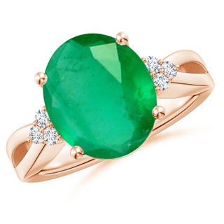 12x10mm A Solitaire Oval Emerald Split Shank Ring with Trio Diamonds in 18K Rose Gold