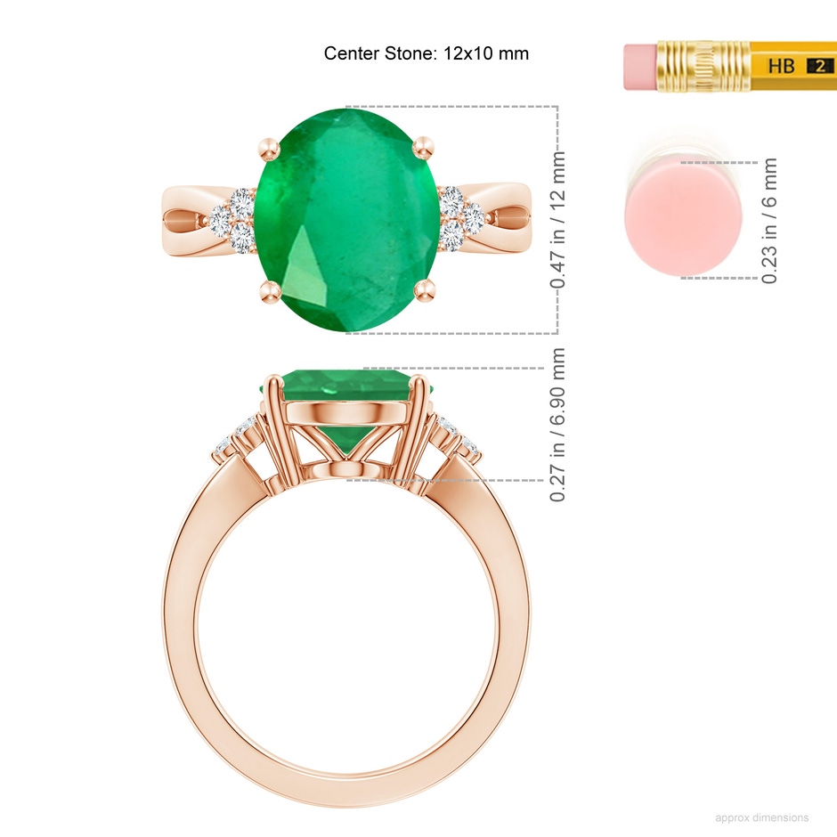 12x10mm A Solitaire Oval Emerald Split Shank Ring with Trio Diamonds in 18K Rose Gold ruler