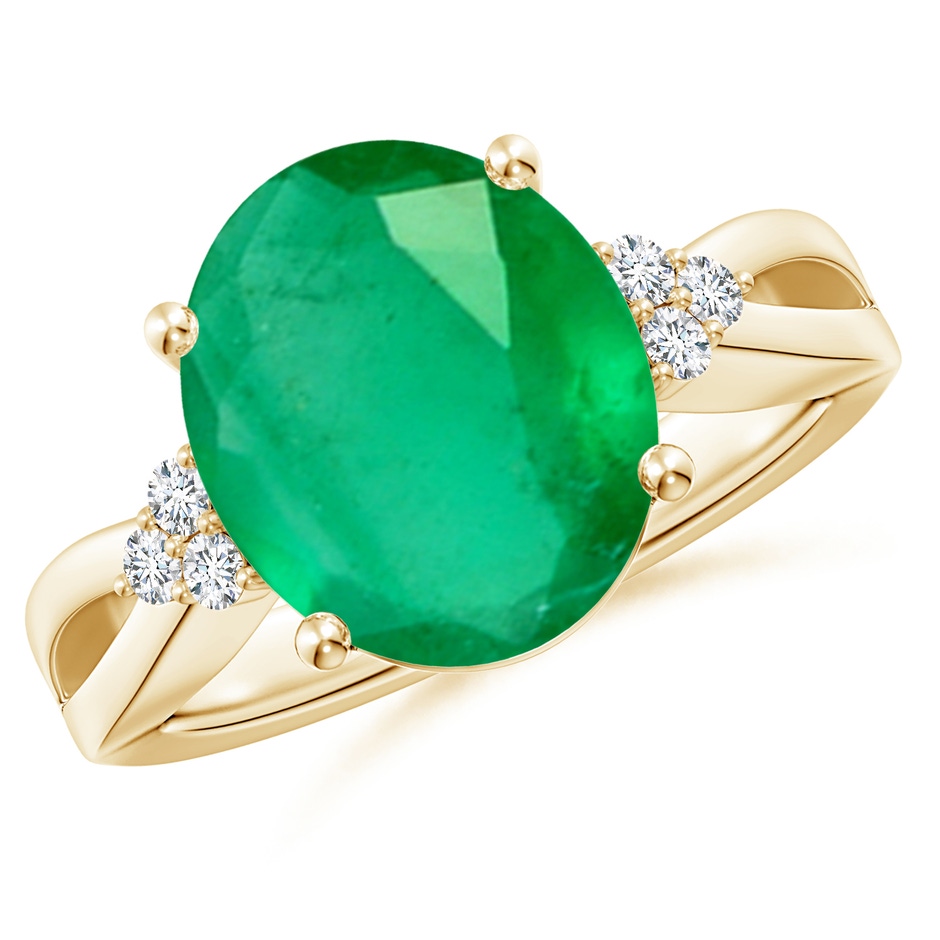 12x10mm A Solitaire Oval Emerald Split Shank Ring with Trio Diamonds in Yellow Gold 