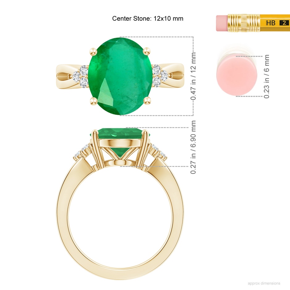 12x10mm A Solitaire Oval Emerald Split Shank Ring with Trio Diamonds in Yellow Gold ruler