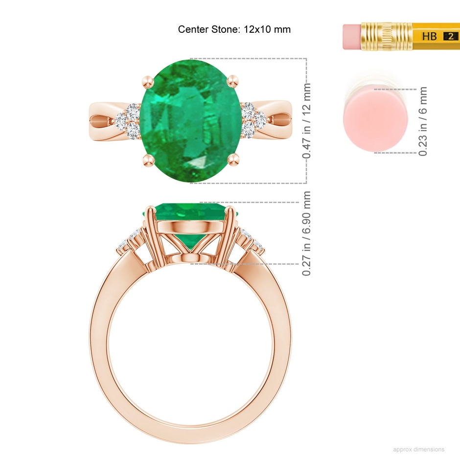 12x10mm AA Solitaire Oval Emerald Split Shank Ring with Trio Diamonds in 18K Rose Gold ruler