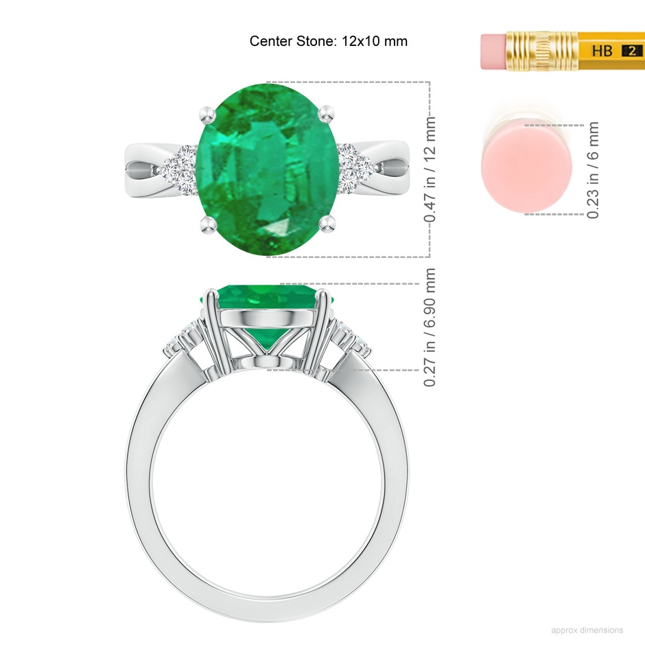 12x10mm AA Solitaire Oval Emerald Split Shank Ring with Trio Diamonds in P950 Platinum ruler