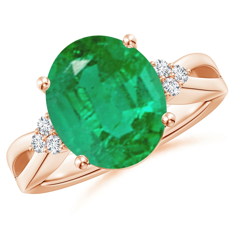 12x10mm AA Solitaire Oval Emerald Split Shank Ring with Trio Diamonds in Rose Gold 