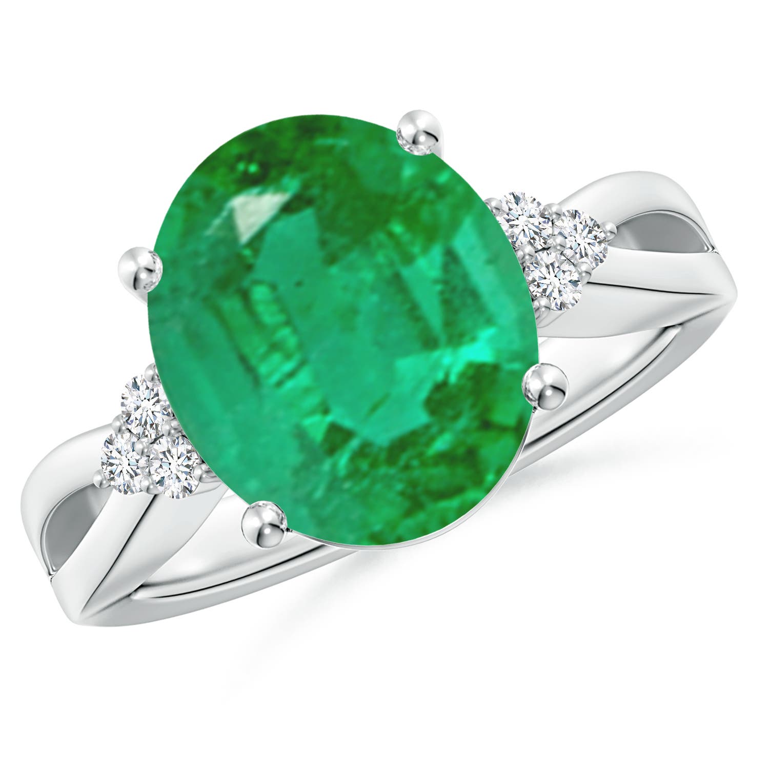 12x10mm AA Solitaire Oval Emerald Split Shank Ring with Trio Diamonds in White Gold