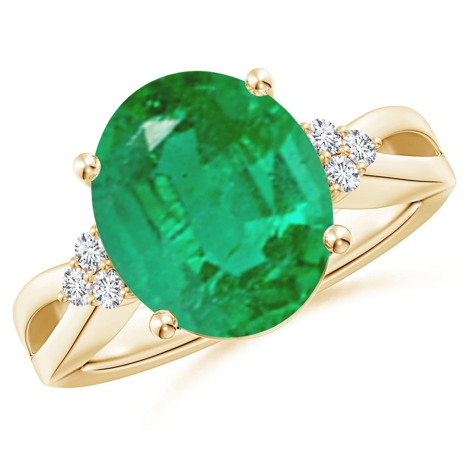 12x10mm AA Solitaire Oval Emerald Split Shank Ring with Trio Diamonds in Yellow Gold 