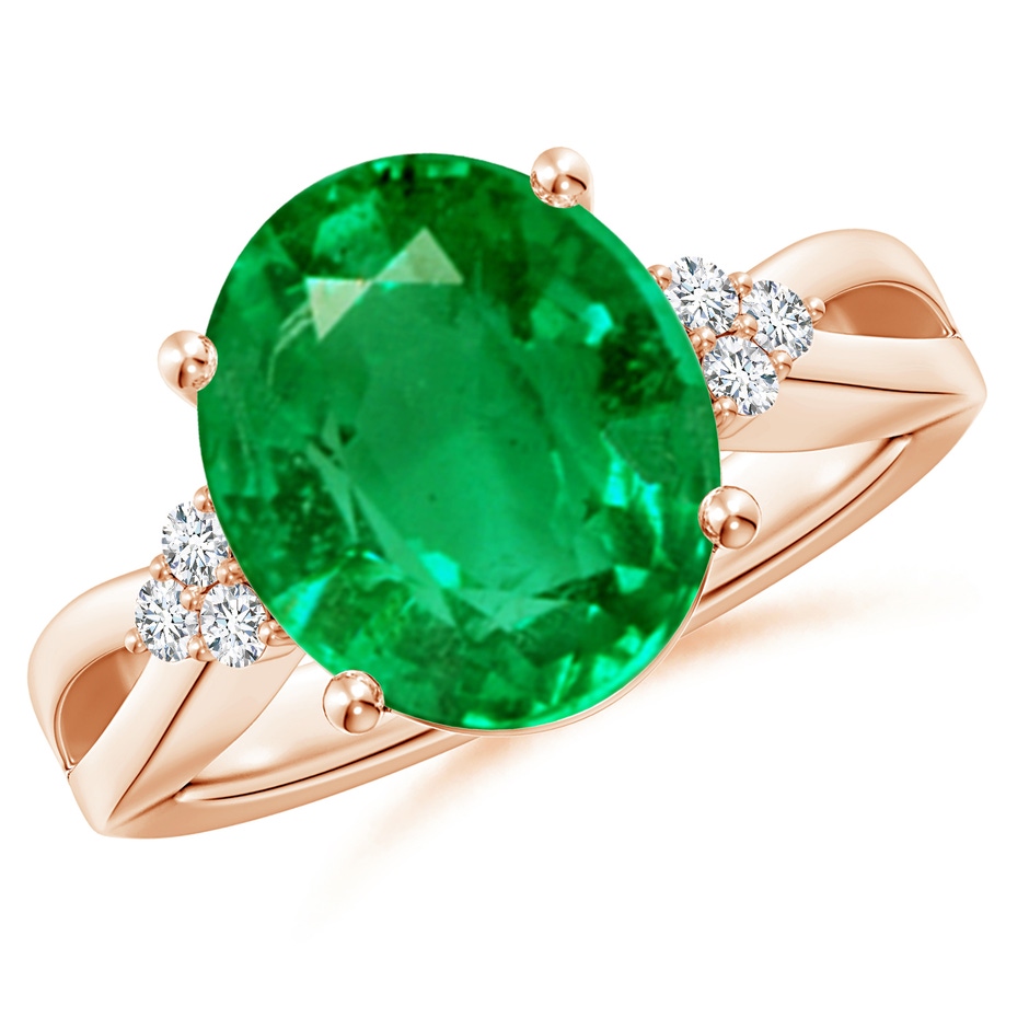 12x10mm AAA Solitaire Oval Emerald Split Shank Ring with Trio Diamonds in Rose Gold 