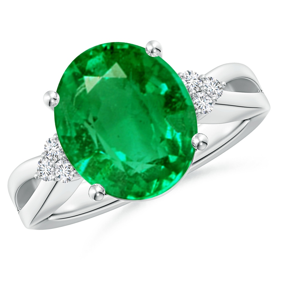 12x10mm AAA Solitaire Oval Emerald Split Shank Ring with Trio Diamonds in S999 Silver 