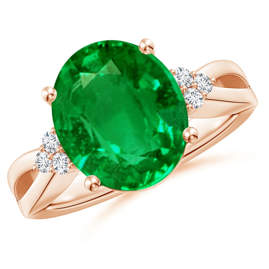 12x10mm AAAA Solitaire Oval Emerald Split Shank Ring with Trio Diamonds in 18K Rose Gold 