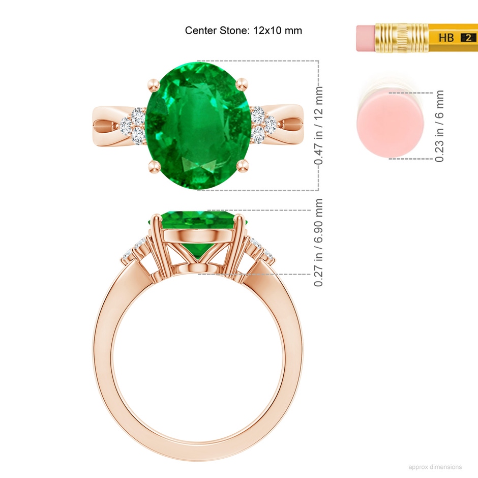 12x10mm AAAA Solitaire Oval Emerald Split Shank Ring with Trio Diamonds in 18K Rose Gold ruler