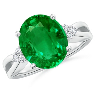 12x10mm AAAA Solitaire Oval Emerald Split Shank Ring with Trio Diamonds in P950 Platinum