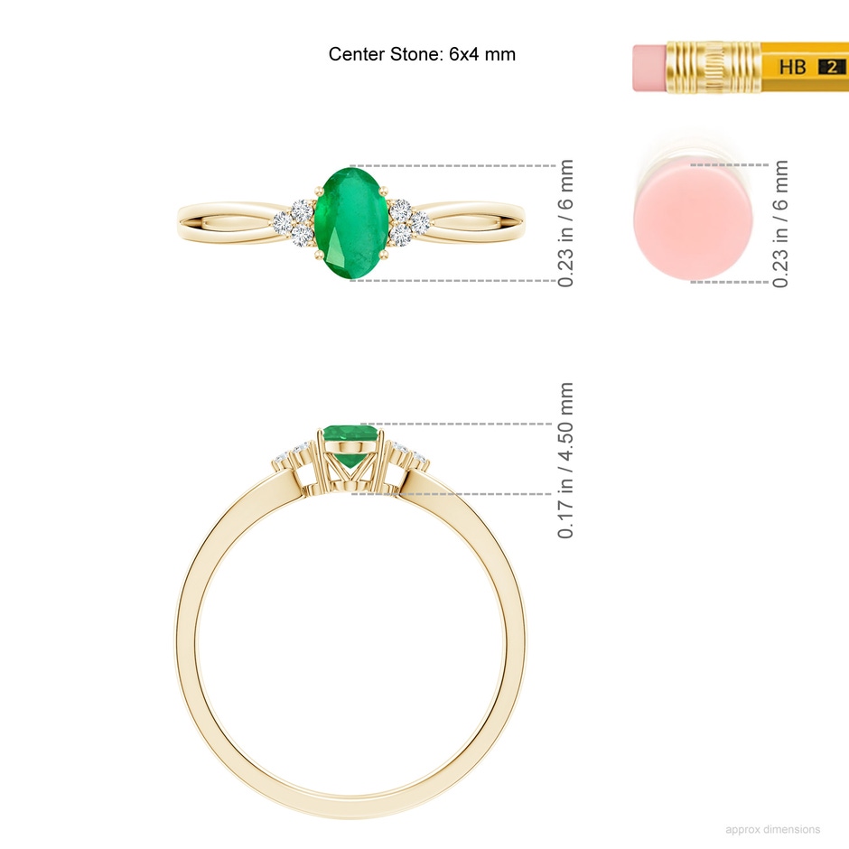 6x4mm A Solitaire Oval Emerald Split Shank Ring with Trio Diamonds in Yellow Gold ruler