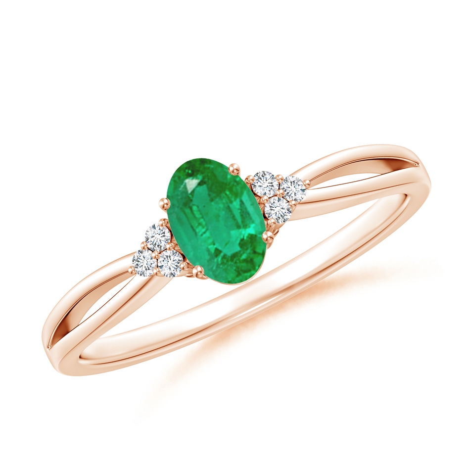 6x4mm AA Solitaire Oval Emerald Split Shank Ring with Trio Diamonds in Rose Gold 